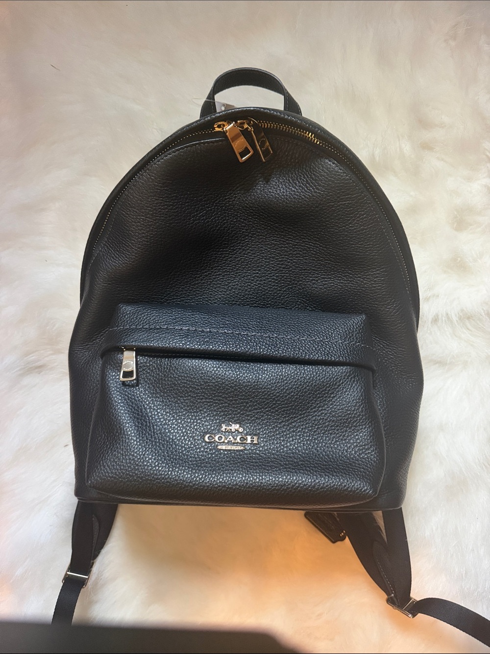 Coach Black Pebbled Leather Backpack with Gold-Tone Accents